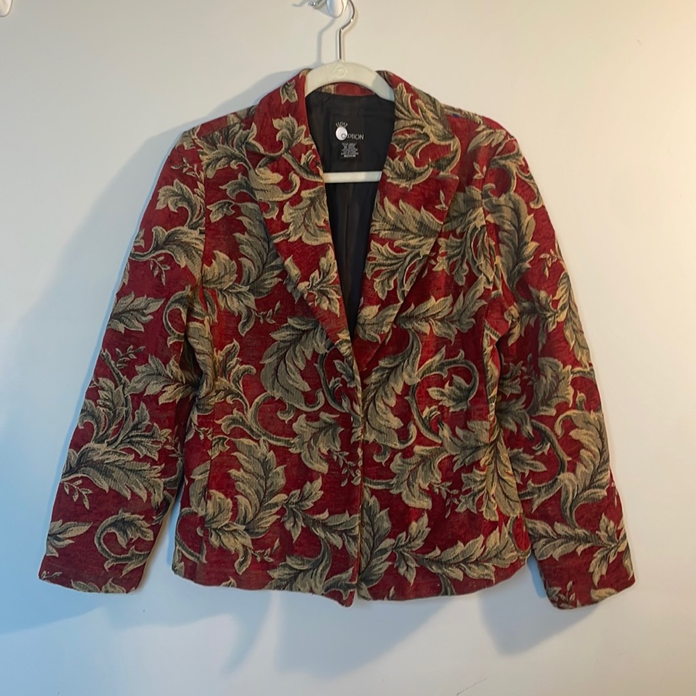 Vintage first option red and gold blazer with tapestry design in size M